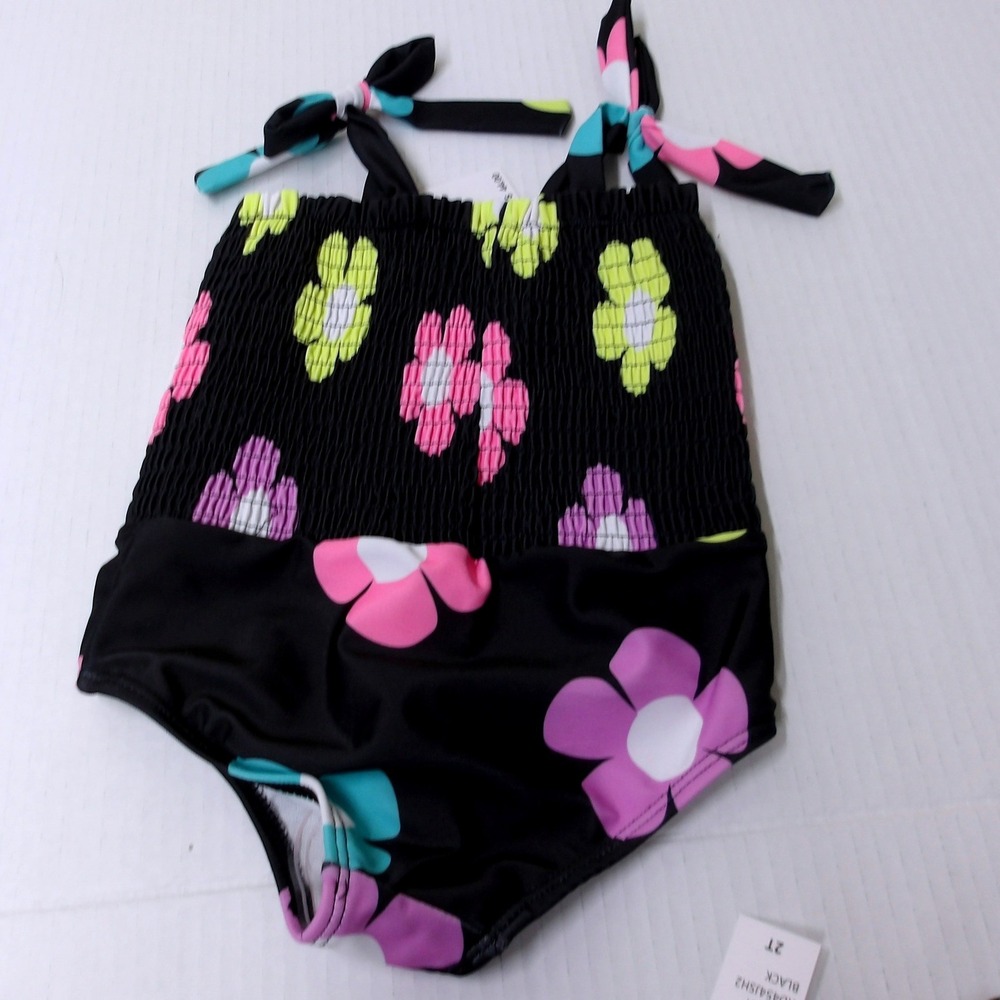 Jessica Simpson Swimsuit Black Smocked Tie Straps & Skirt Cover‎ Up 2T/#26107